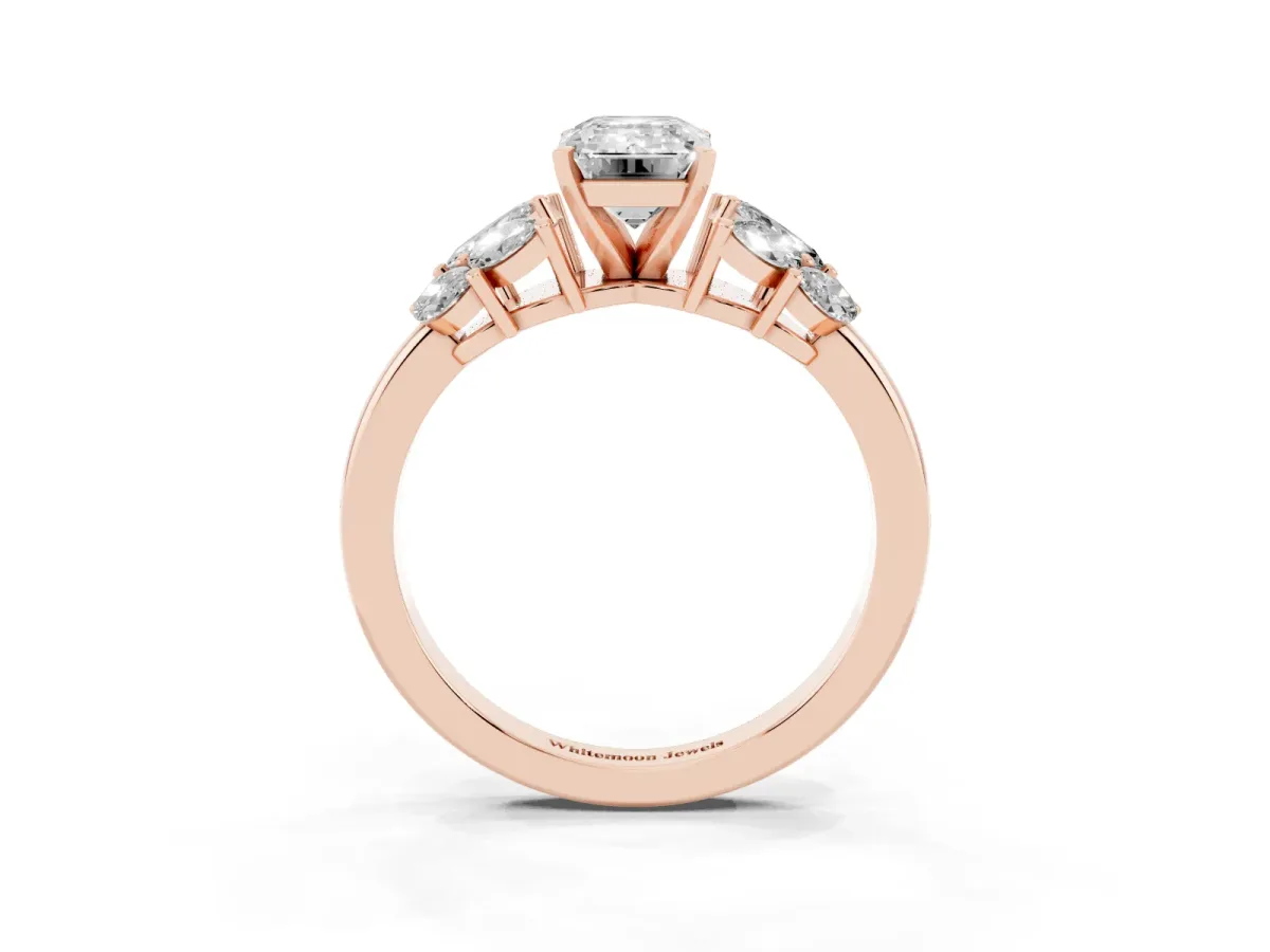 Emerald Cut Diamond Cluster Leaf Design Ring with Prong Setting Rose gold