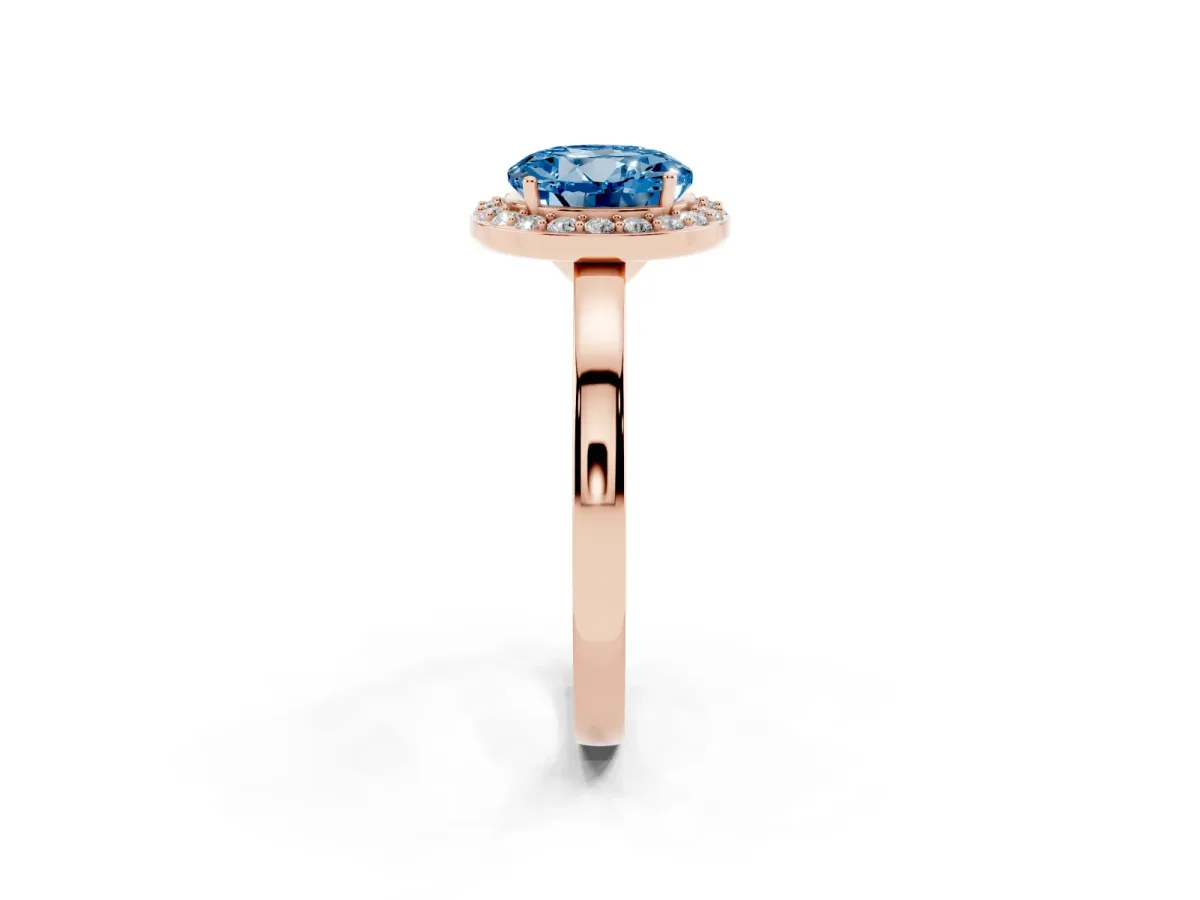 Fancy Blue Round Cut Halo Diamond Ring with Solitaire Band and Prong Setting Rose gold