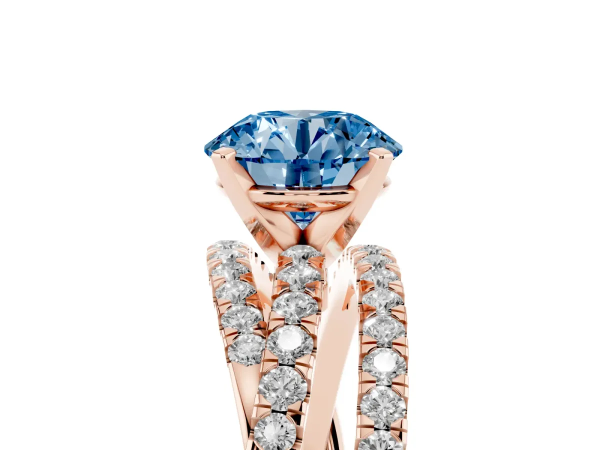 Fancy Blue Round Cut Solitaire Twist Band with Pavé Setting and Four-Prong Setting Rose gold