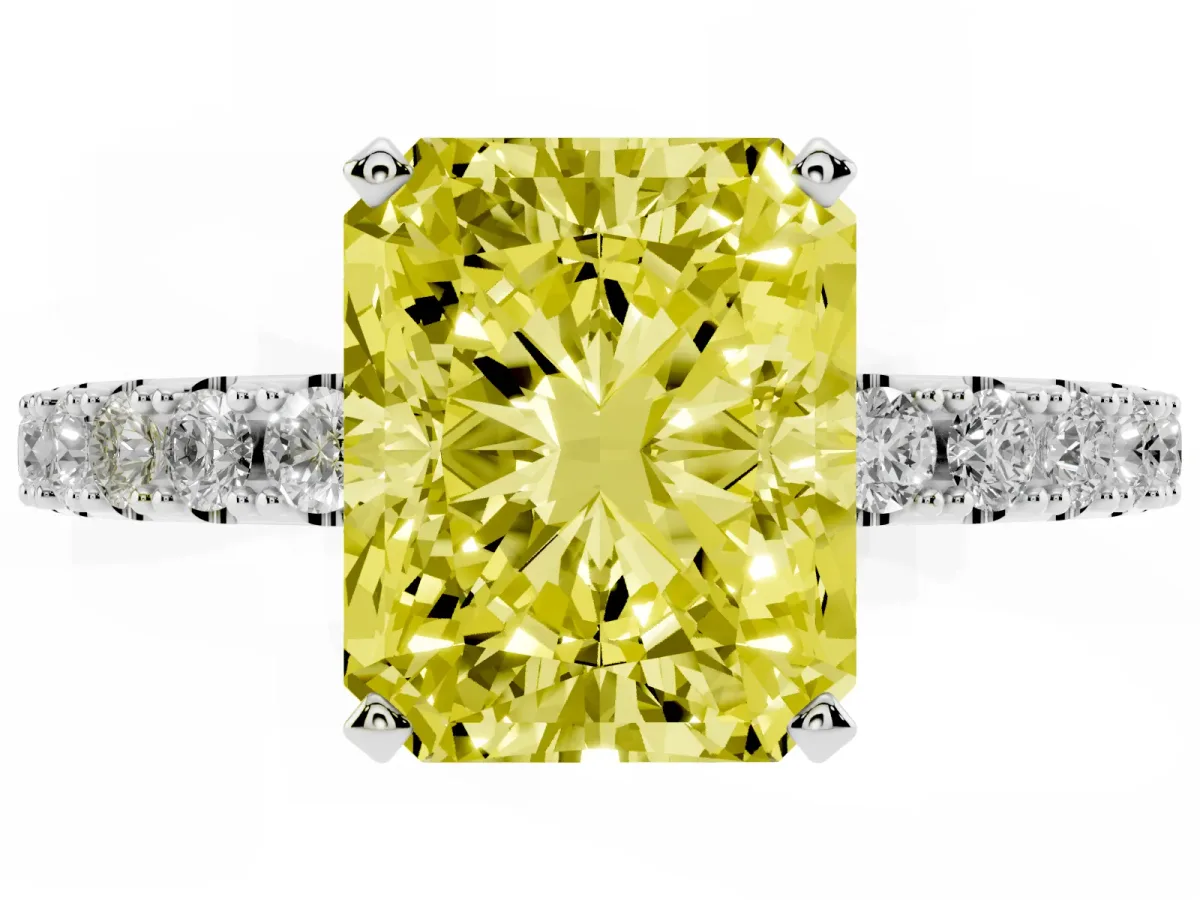 Fancy Yellow Radiant Cut Diamond Solitaire Pavé Band with Four-Prong Setting Silver