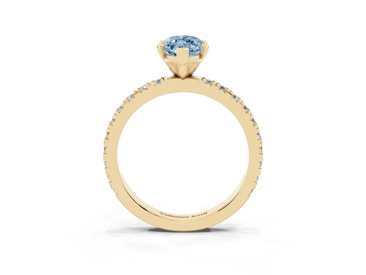 Fancy Blue Marquise Cut Diamond Pavé Band Solitaire with Four-Prong Setting Yellow gold