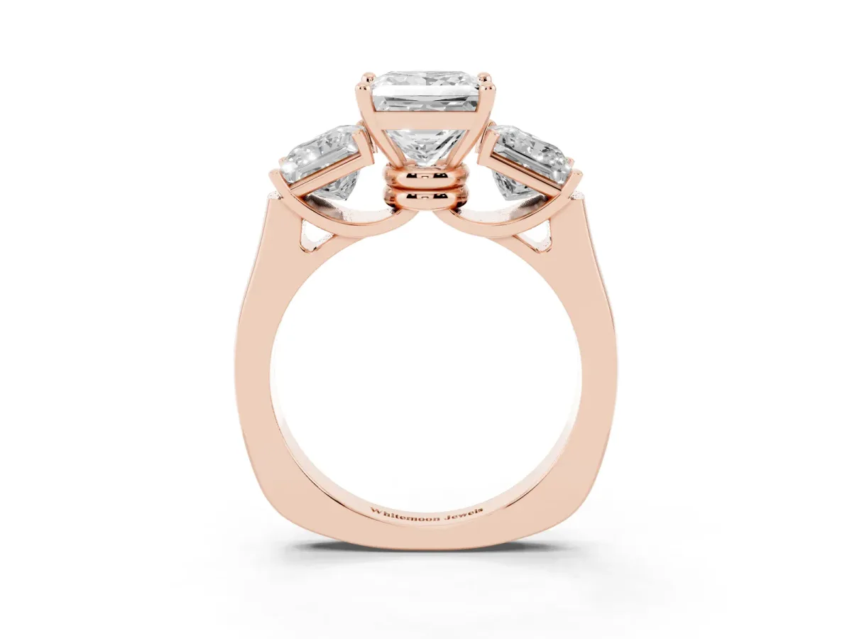 Three-Stone Princess Cut Brilliant Diamond Trellis Ring with Comfort Fit Band Rose gold