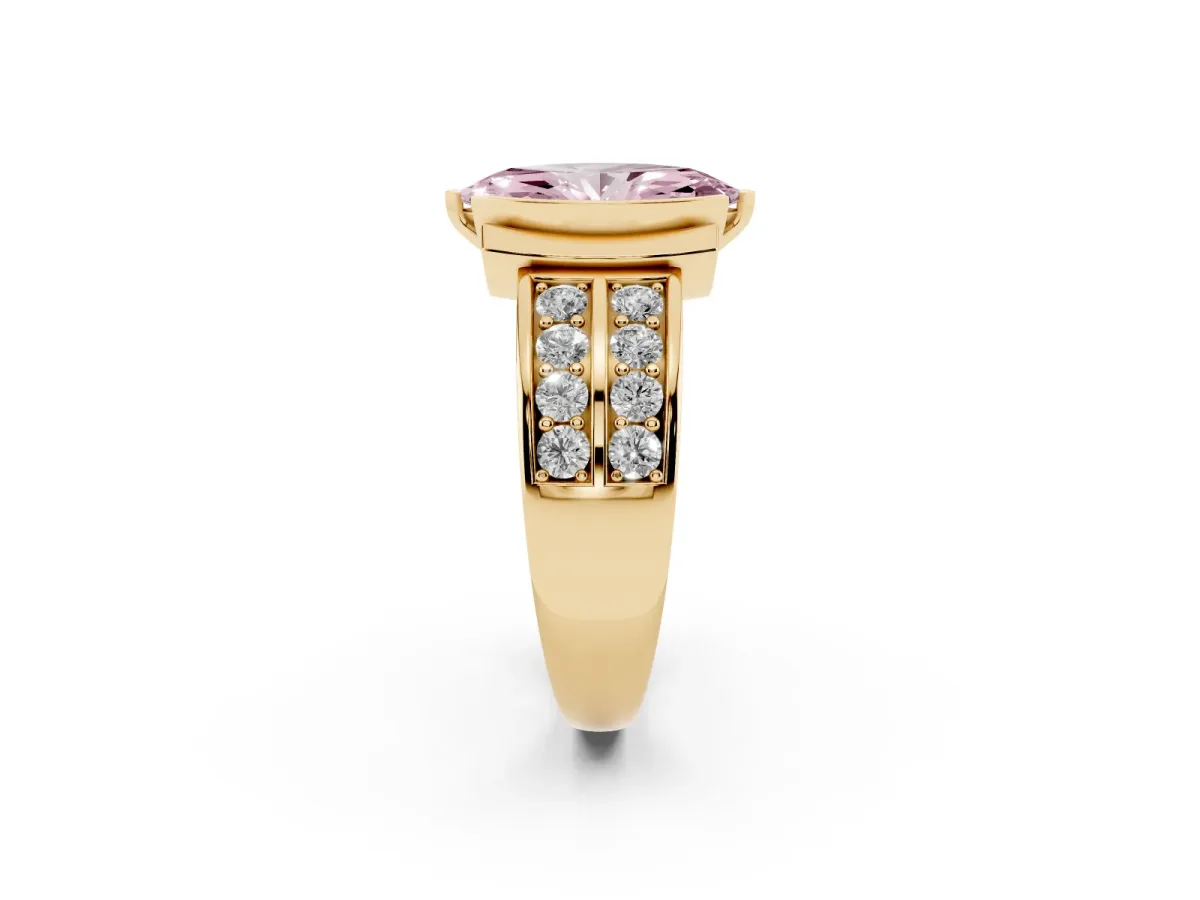 Fancy Pink Marquise Cut Brilliant Diamond Channel Set Wide Band Ring with Bezel Setting Yellow gold