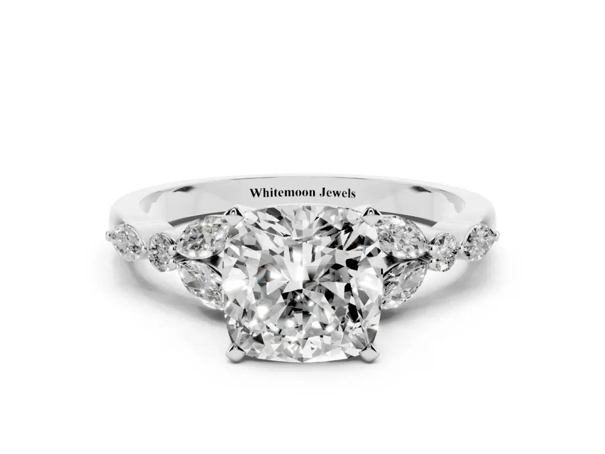 Cushion Cut Diamond Solitaire Ring with Side Stones and Four-Prong Setting Silver