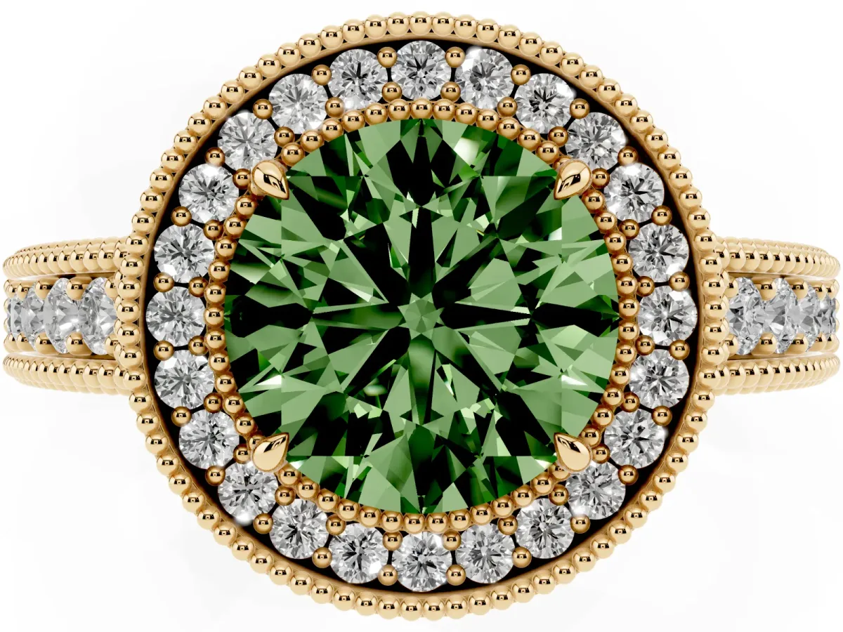 Fancy Green Round Cut Cut Halo Diamond Ring with Pavé Band and Four-Prong Setting Yellow gold