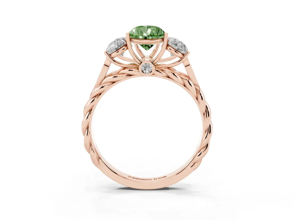 Fancy Green Three-Stone Pear Cut Diamond Braided Band Ring with Four-Prong Setting Rose gold
