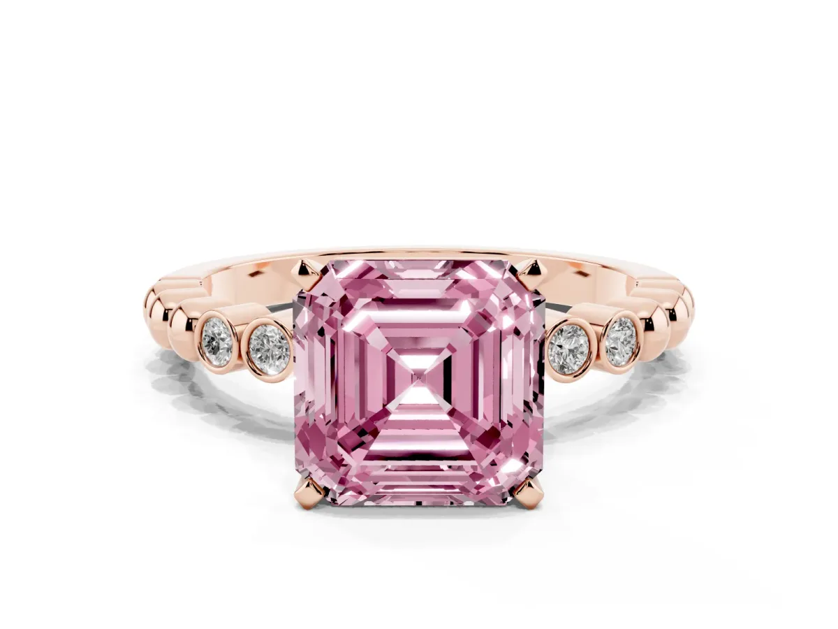 Fancy Pink Asscher Cut Solitaire Bezel Accent Diamond Engagement Ring with Beaded Band and Four-Prong Setting Rose gold