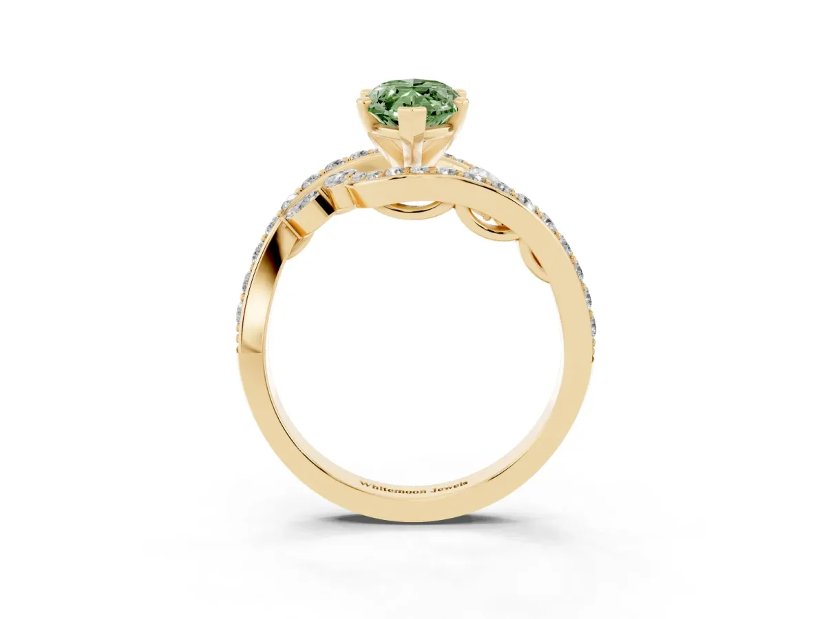 Fancy Green Marquise Cut Solitaire with Pavé Twist Band and Four-Prong Setting Yellow gold