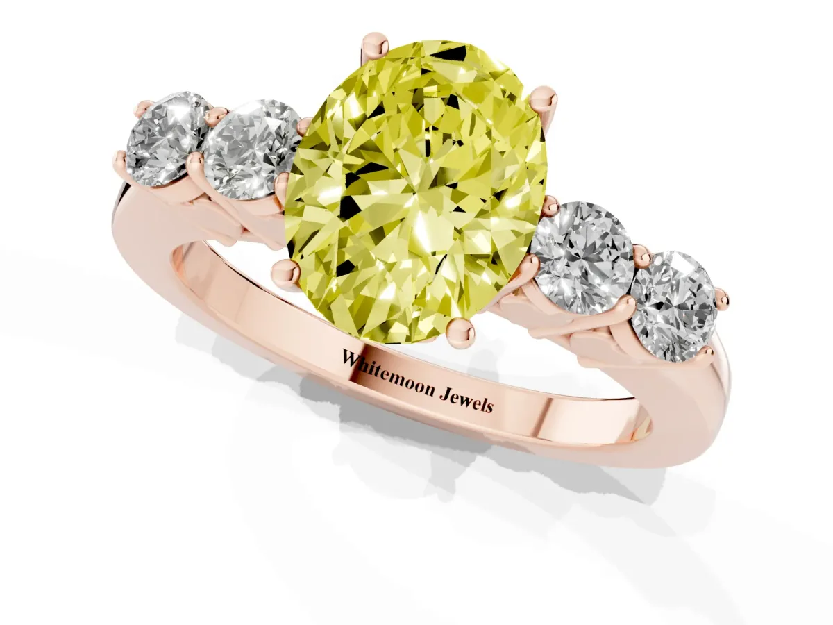 Fancy Yellow Oval Cut Cut Diamond Five-Stone Prong Set White Gold Ring Rose gold