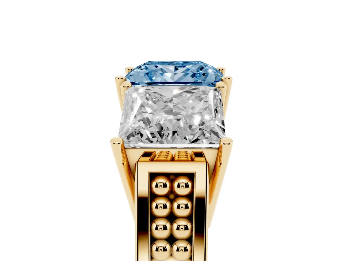 Fancy Blue Princess Cut Diamond Three-Stone Ring with Prong Setting and Textured Band Yellow gold