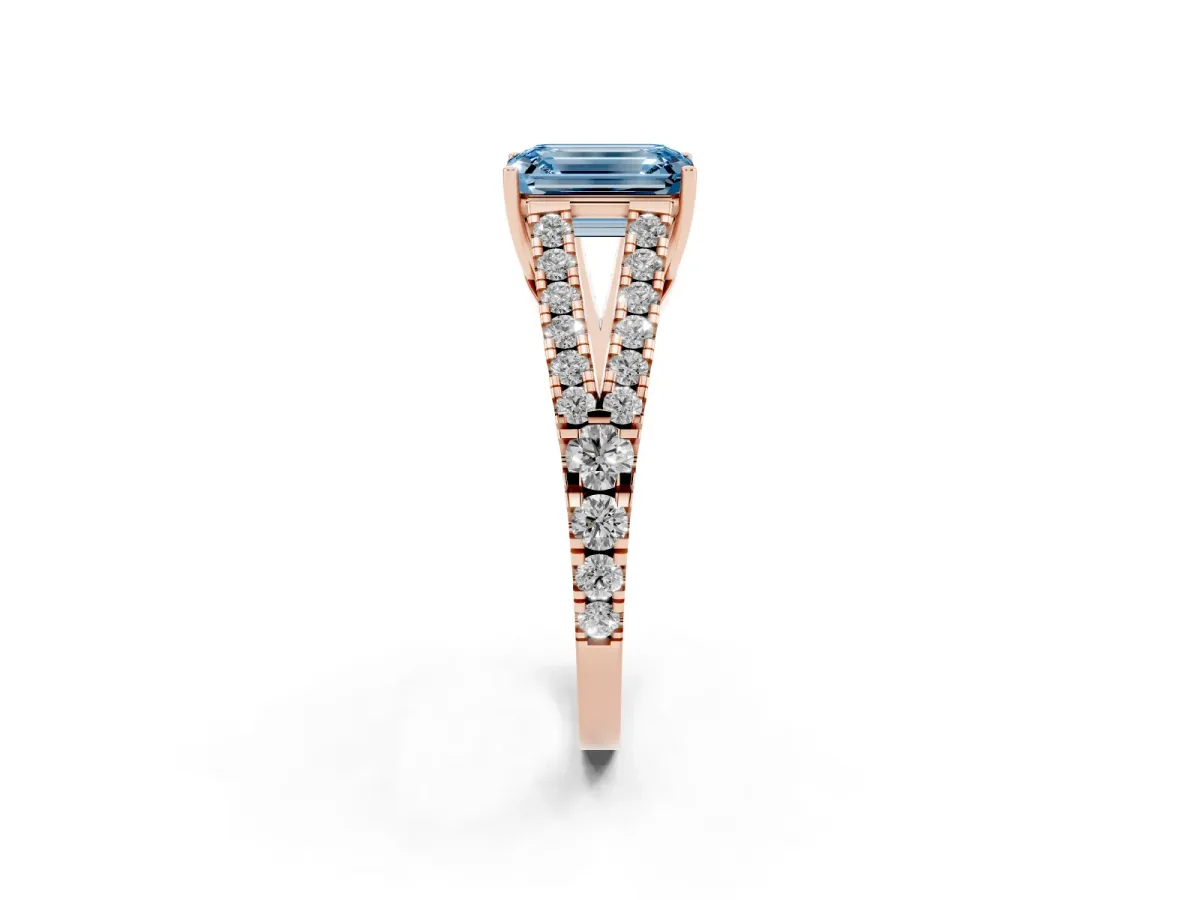 Fancy Blue Emerald Cut Diamond Split Shank Pavé Engagement Ring with Four-Prong Setting Rose gold