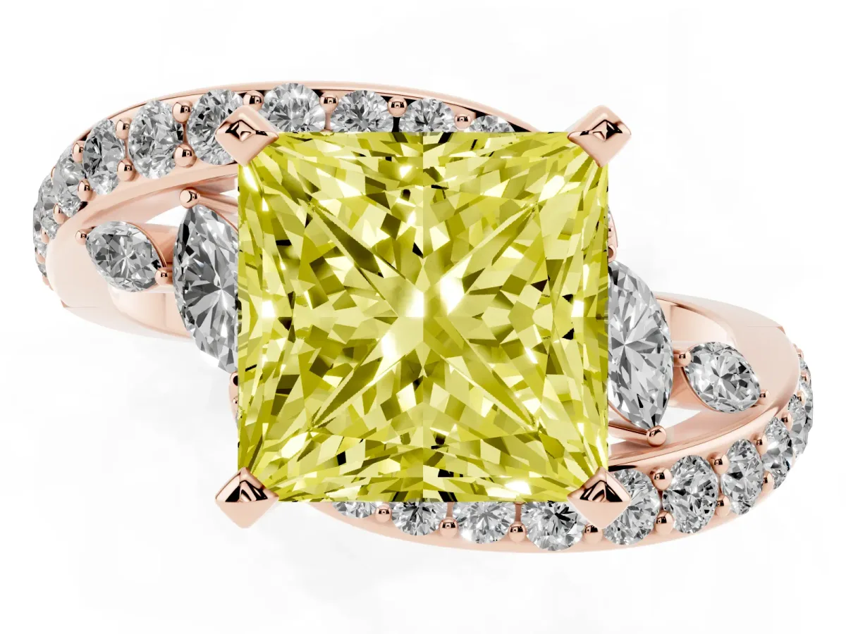 Fancy Yellow Princess Cut Solitaire with Pavé Twist Band and Four-Prong Setting Rose gold