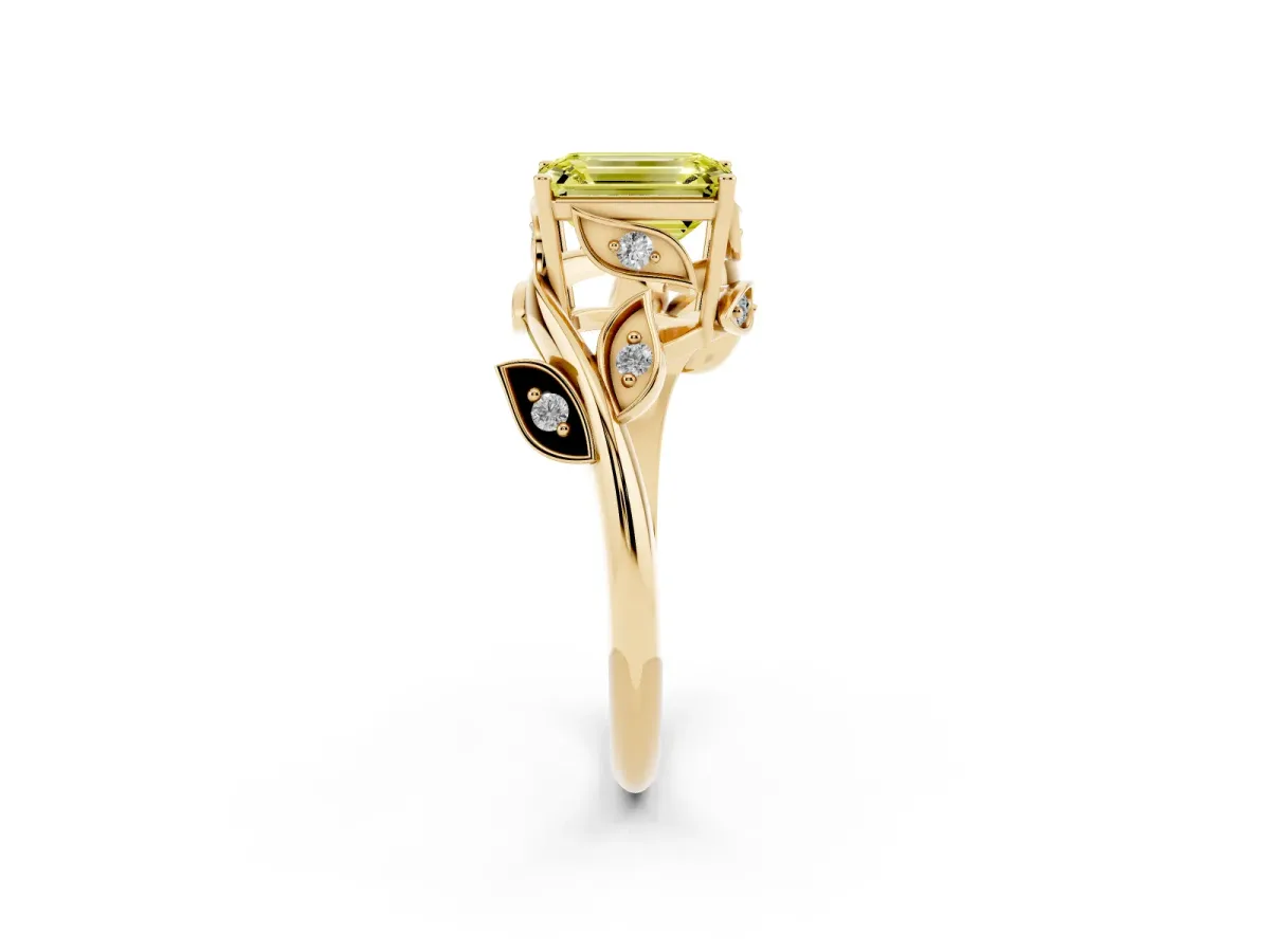 Fancy Yellow Emerald Cut Solitaire Twist Engagement Ring with Leaf Accents and Prong Setting Yellow gold