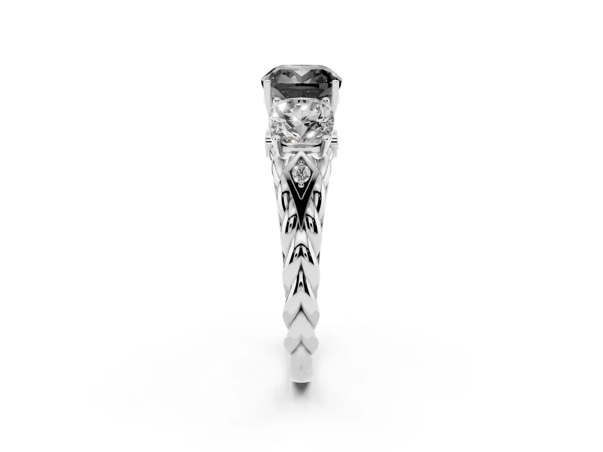 Fancy Black Three-Stone Cushion Cut Diamond Braided Band Ring with Four-Prong Setting Platinum