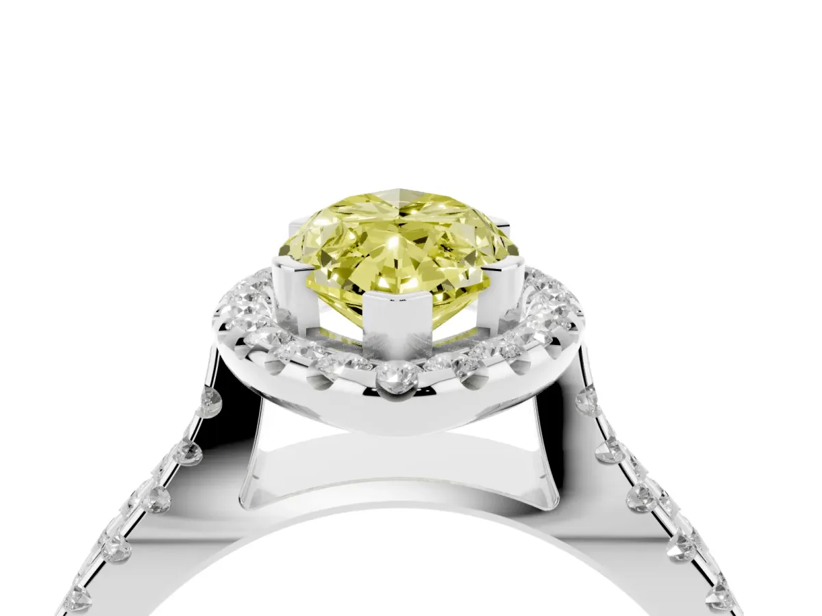 Fancy Yellow Marquise Cut Diamond Halo Ring with Split Shank Pavé Band and Prong Setting Silver