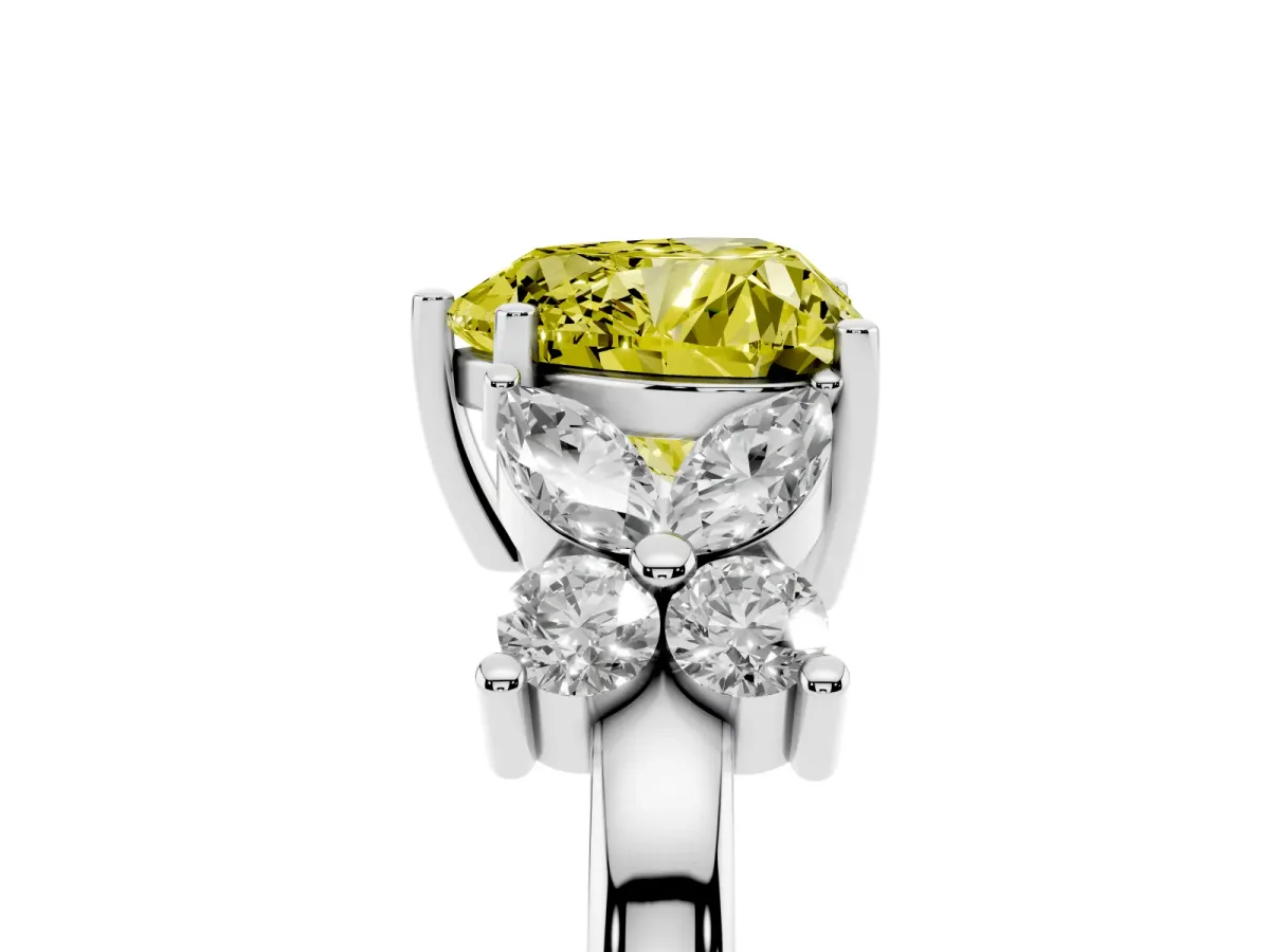 Fancy Yellow Heart Cut Diamond Floral Cluster Ring with Solitaire Band and Prong Setting Silver