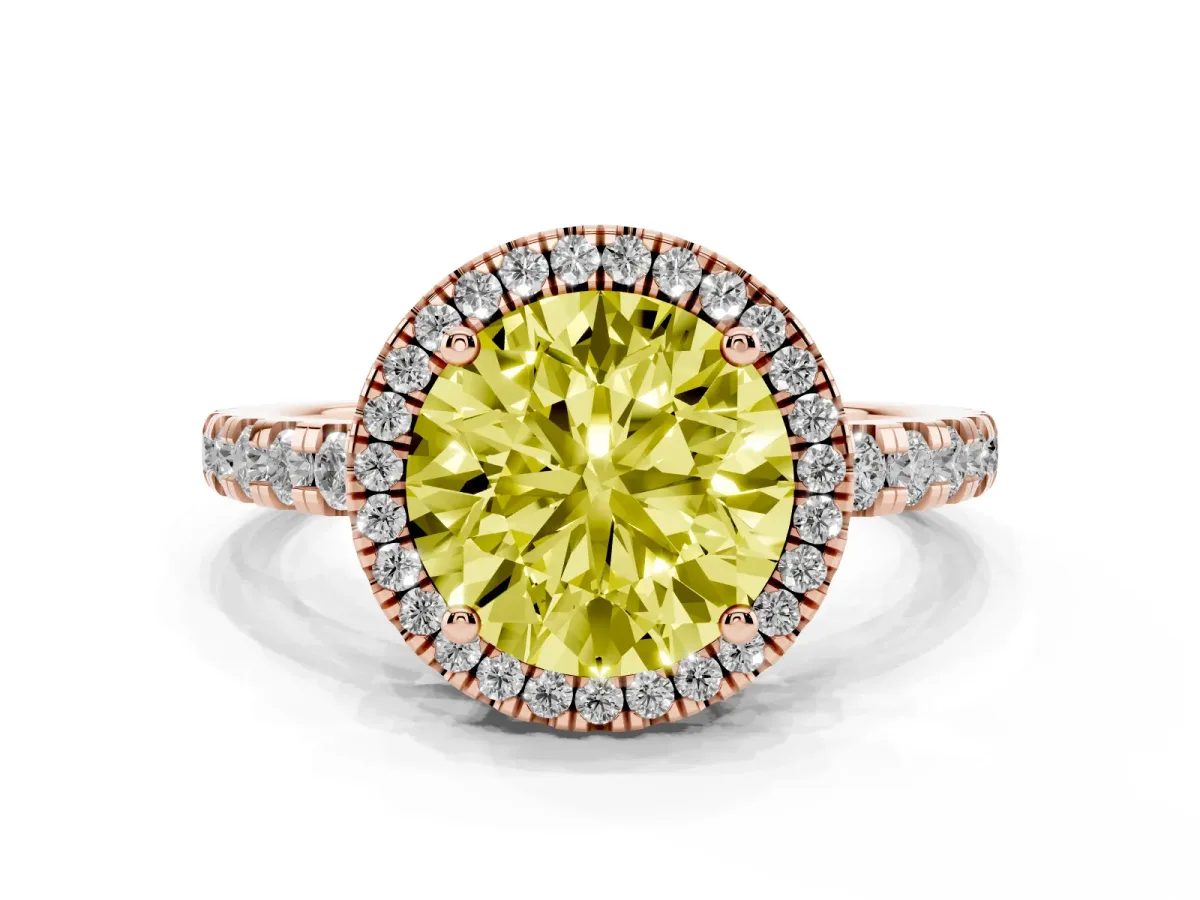 Fancy Yellow Round Cut Diamond Halo Ring with Pavé Band and Four-Prong Setting Rose gold