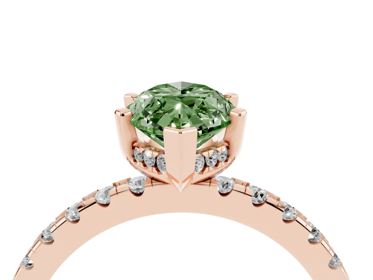 Fancy Green Marquise Cut Diamond Solitaire Ring with Round Pavé Band and Four-Prong Setting Rose gold