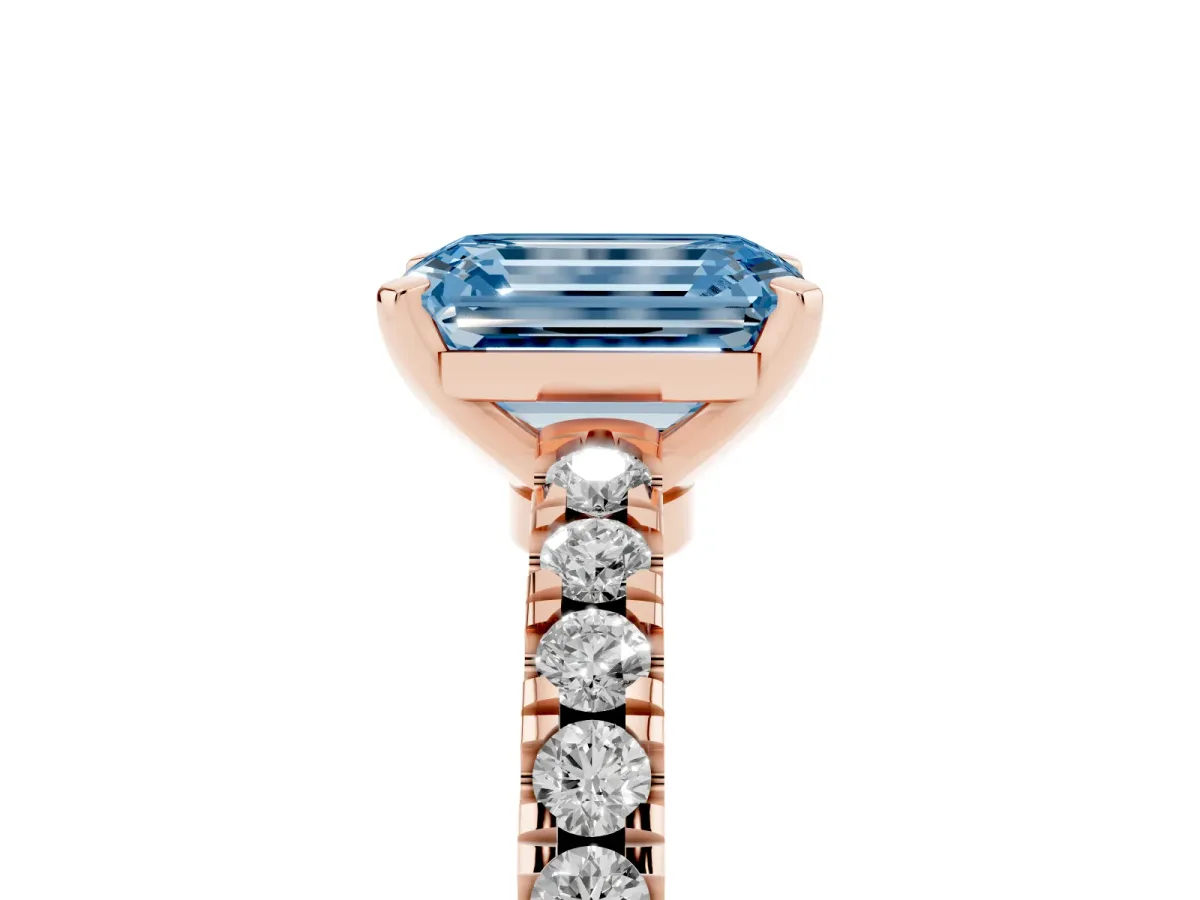 Fancy Blue Emerald Cut Solitaire Diamond with Pavé Band and Four-Prong Setting Rose gold