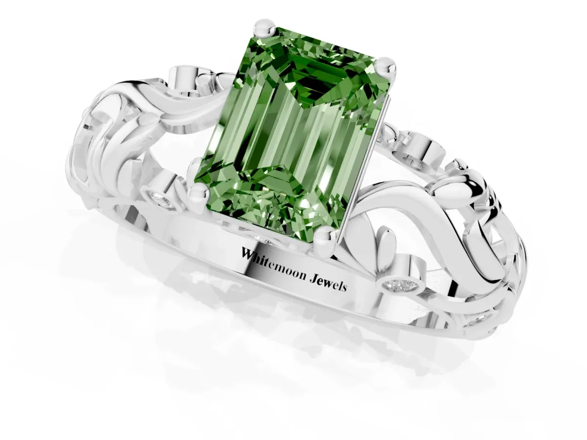 Fancy Green Emerald Cut Solitaire Diamond Leaf-Inspired Vine Band Ring with Prong Setting White gold