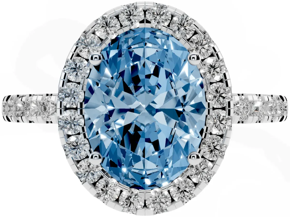 Fancy Blue Oval Cut Halo Diamond Engagement Ring with Pavé Band and Four-Prong Setting White gold