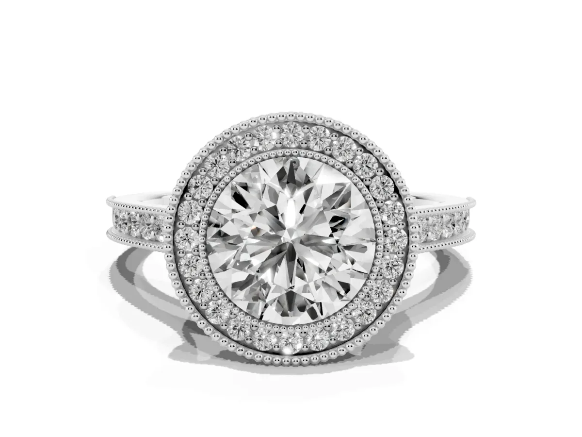 Halo Round Cut-Cut Diamond Pave Band Milgrain Prong Setting Ring Silver