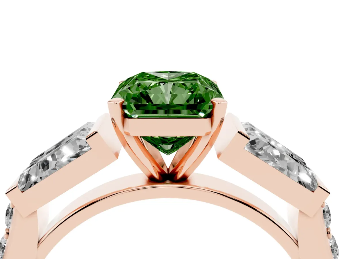 Fancy Green Radiant Cut Diamond Engagement Ring with Baguette Side Stones and Channel Set Band Rose gold