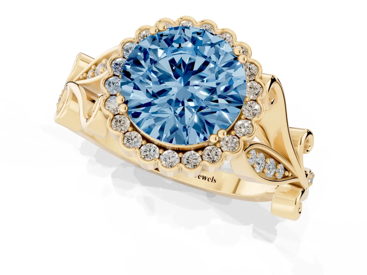 Fancy Blue Round Cut Diamond Halo Ring with Vintage Split Shank and Four-Prong Setting Yellow gold