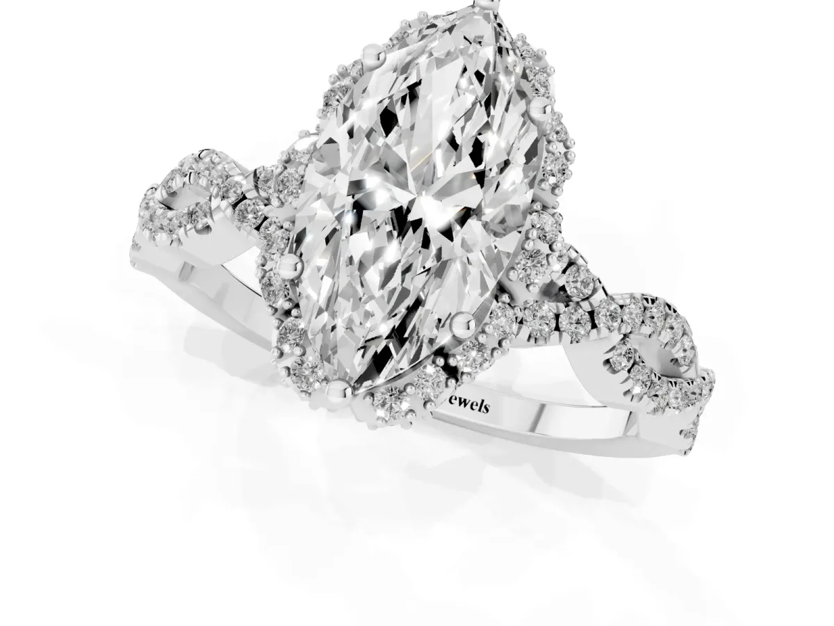 Marquise Cut Halo Twist Band Solitaire Ring with Six-Prong Setting Silver