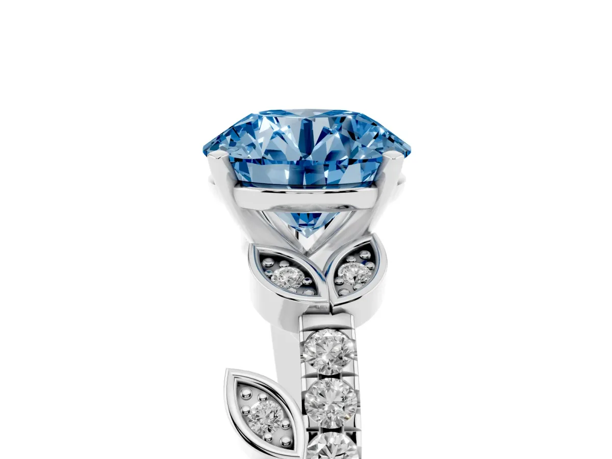 Fancy Blue Round Cut Solitaire Leaf-Inspired Diamond Ring with Pavé Band and Four-Prong Setting Silver