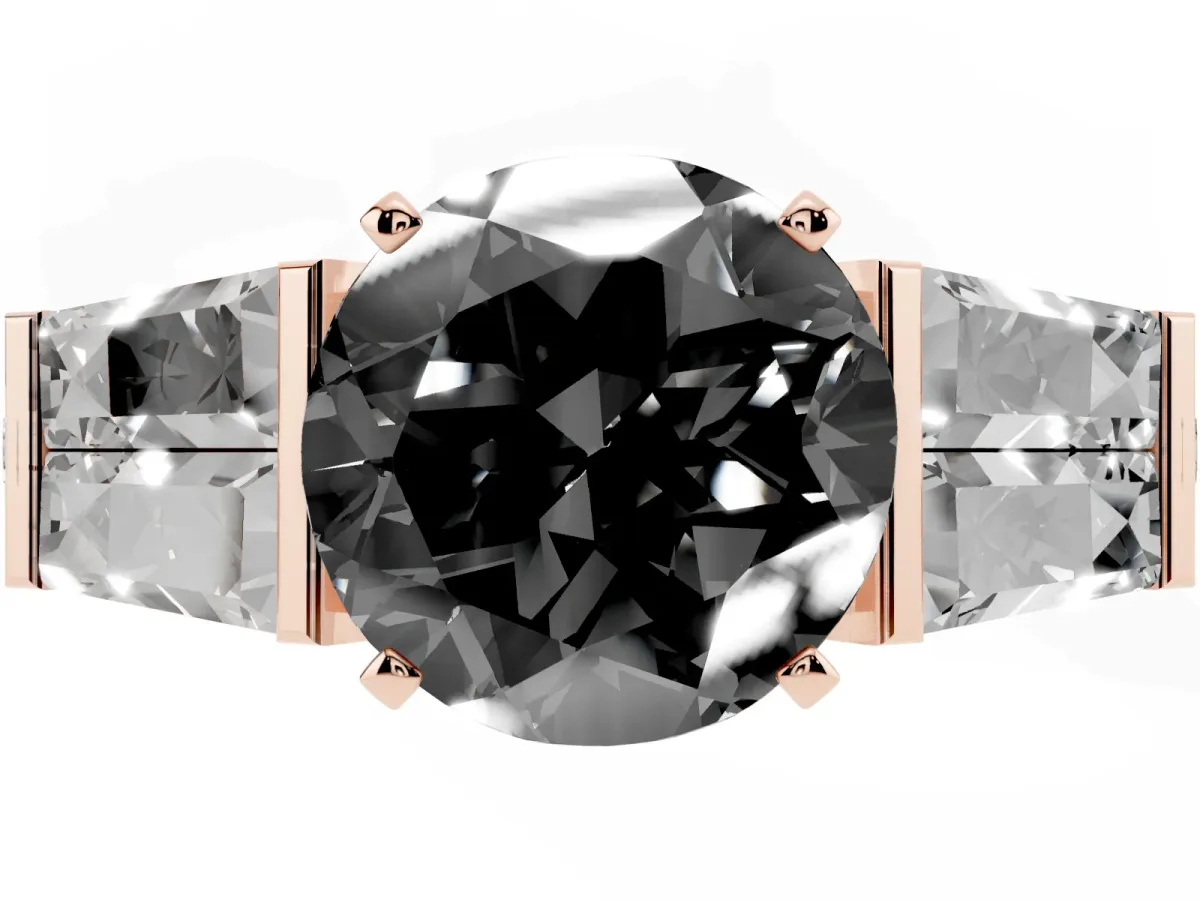 Fancy Black Round Cut Diamond Engagement Ring with Baguette Side Stones and Channel Set Band Rose gold