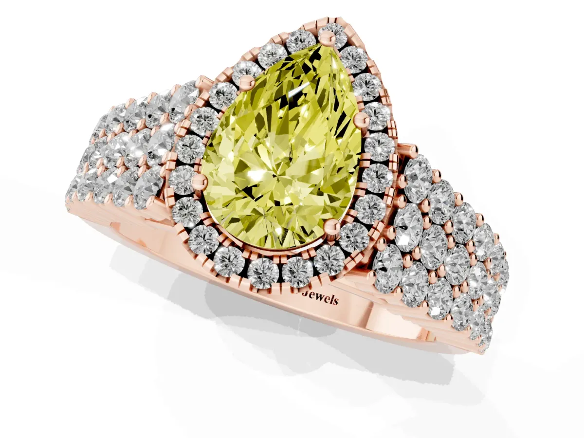 Fancy Yellow Pear Cut Diamond Halo Engagement Ring with Triple Row Round Pavé Band and Prong Setting Rose gold