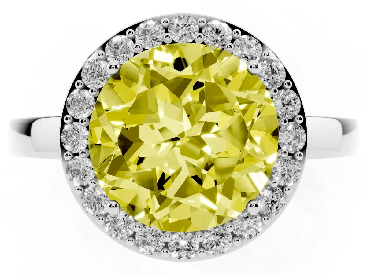 Fancy Yellow Round Cut Halo Diamond Ring with Solitaire Band and Prong Setting Silver