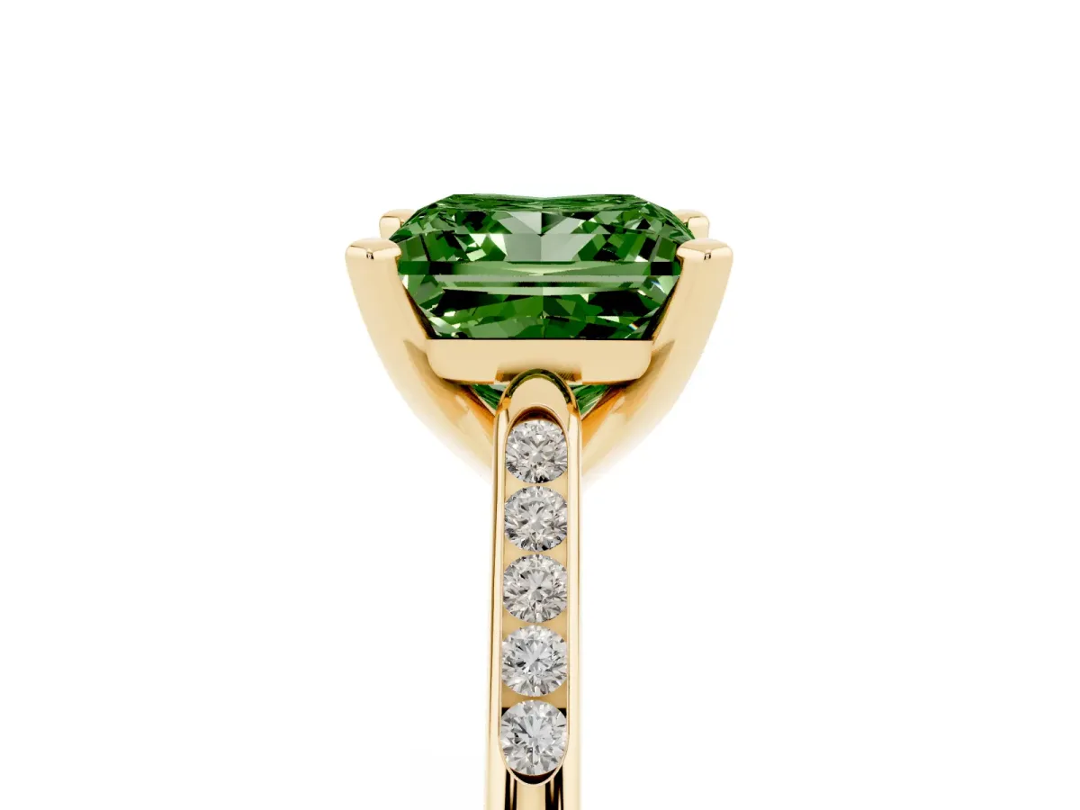 Fancy Green Princess Cut Diamond Solitaire Ring with Channel Set Round Band and Prong Setting Yellow gold