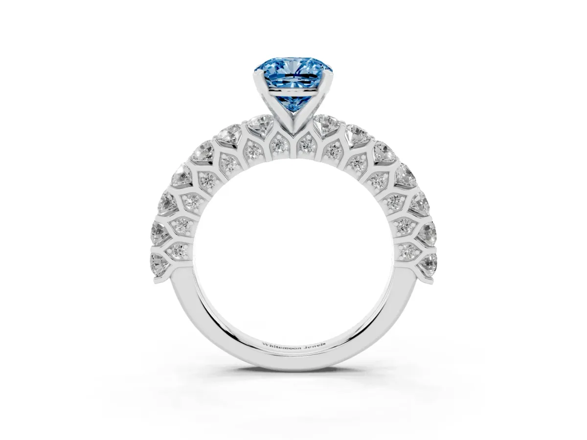 Fancy Blue Cushion Cut Diamond Solitaire Ring with Shared Prong Pavé Band and Four-Prong Setting Silver