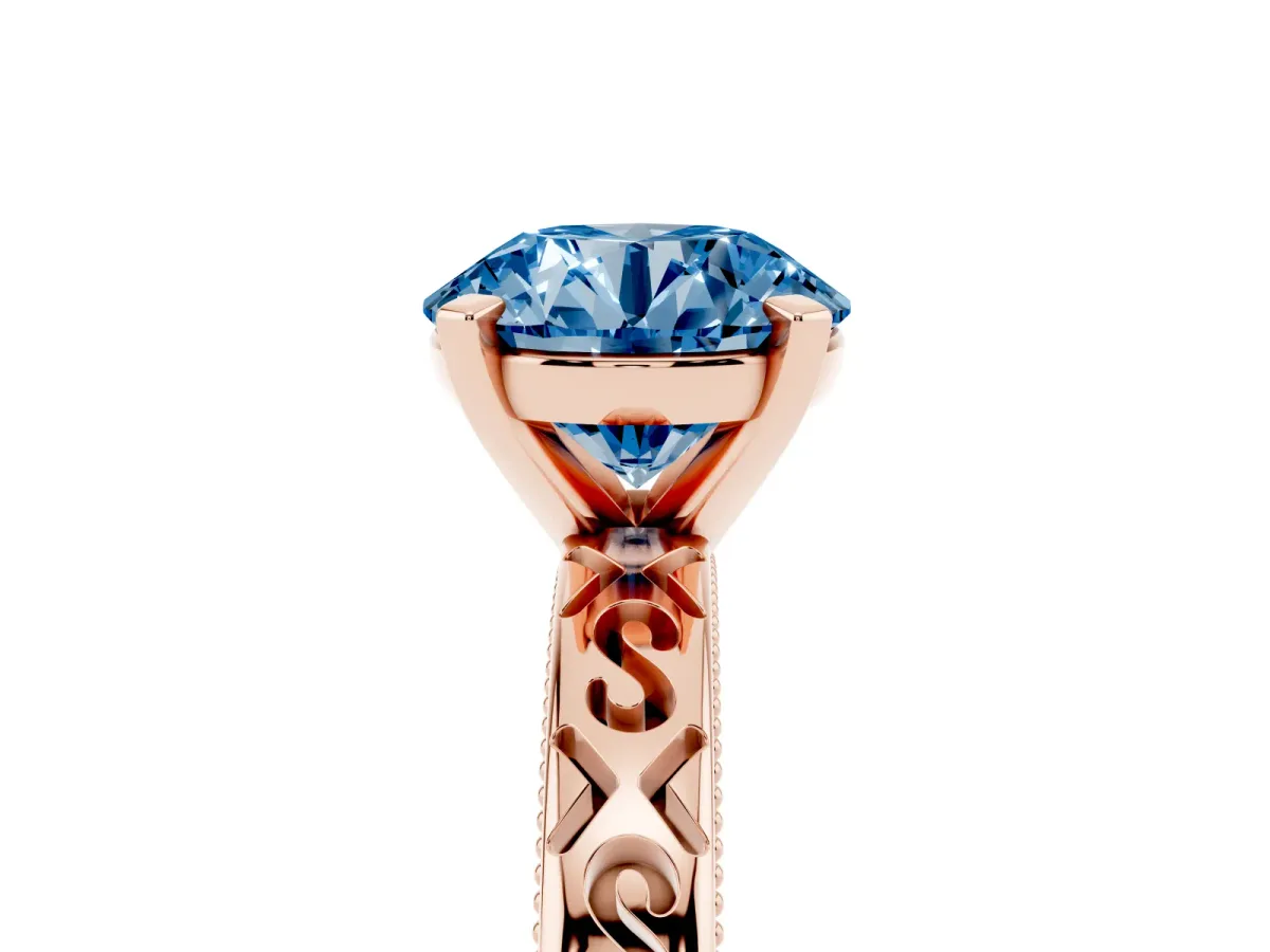 Fancy Blue Round Cut Solitaire Engagement Ring with Scrollwork Band and Four-Prong Setting Rose gold