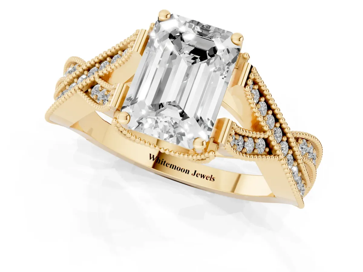 Emerald Cut Cut Diamond Twisted Band with Milgrain Pave Setting and Four-Prong Setting Yellow gold