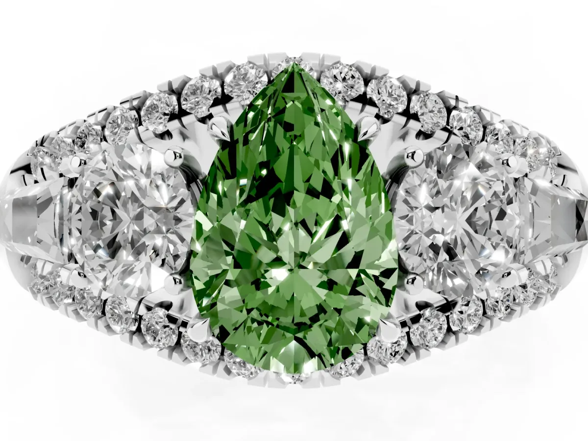 Fancy Green Three-Stone Pear Cut Diamond Engagement Ring with Pave Band and Prong Setting Platinum