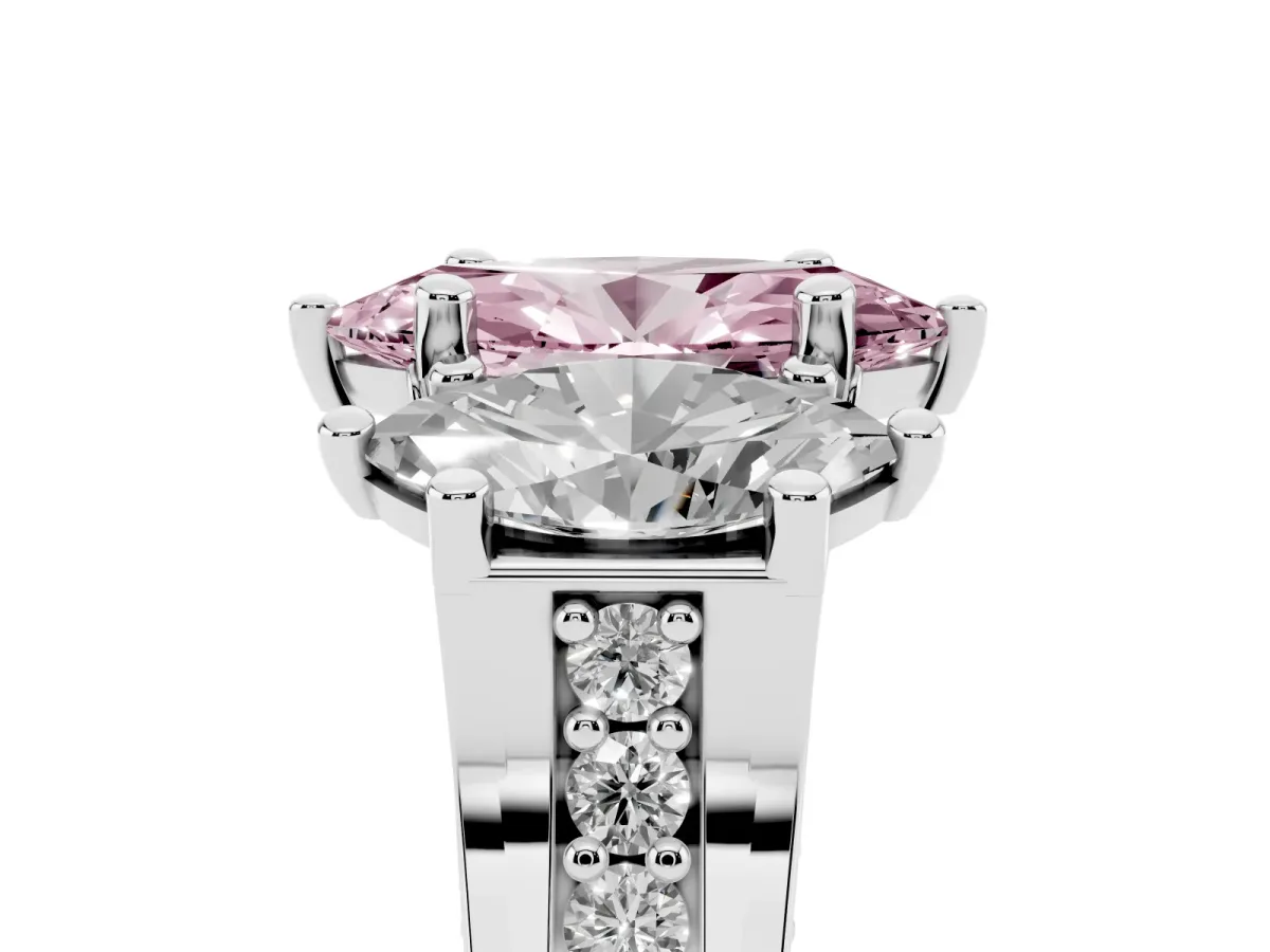 Fancy Pink Marquise Cut Diamond Three-Stone Ring with Channel Set Band and Four-Prong Setting Platinum