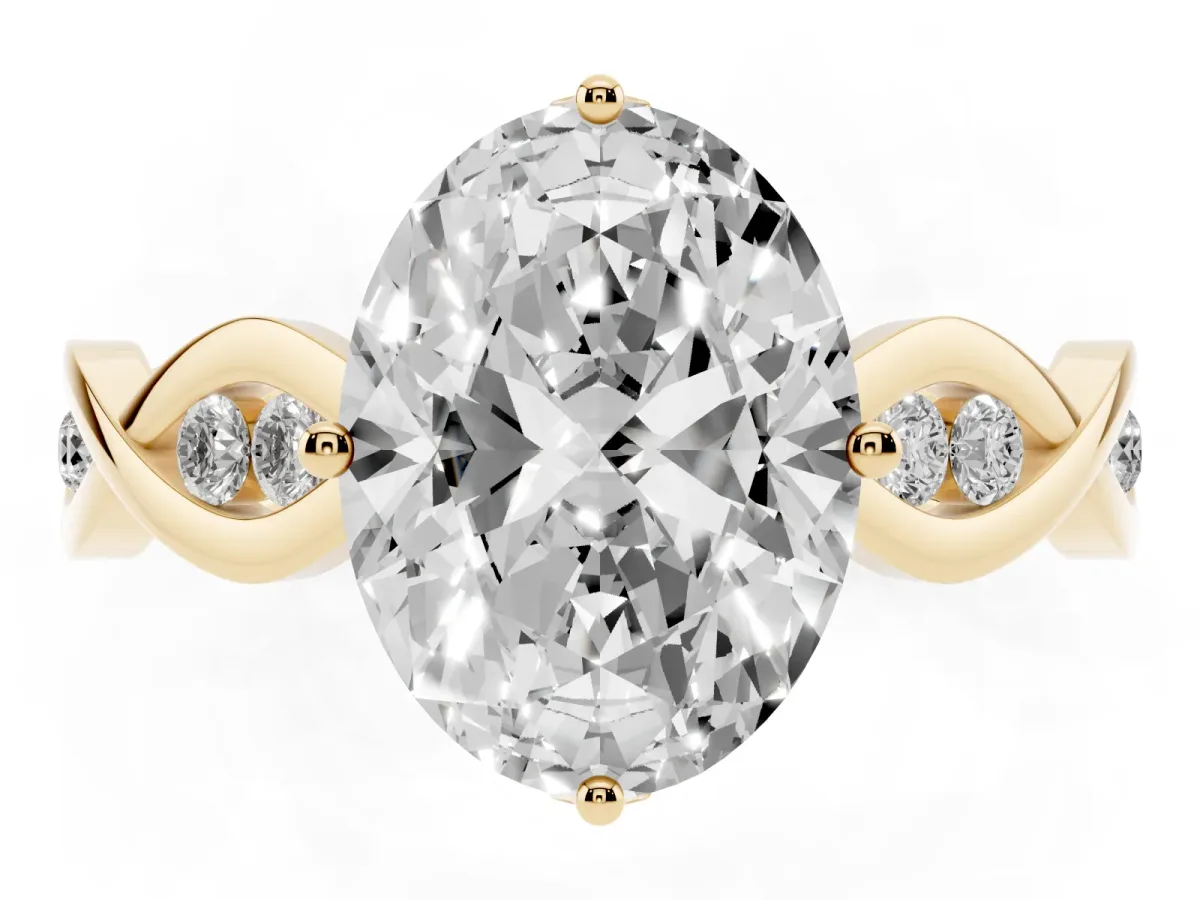 Oval Cut Solitaire Twist Band with Leaf Prong Setting Yellow gold