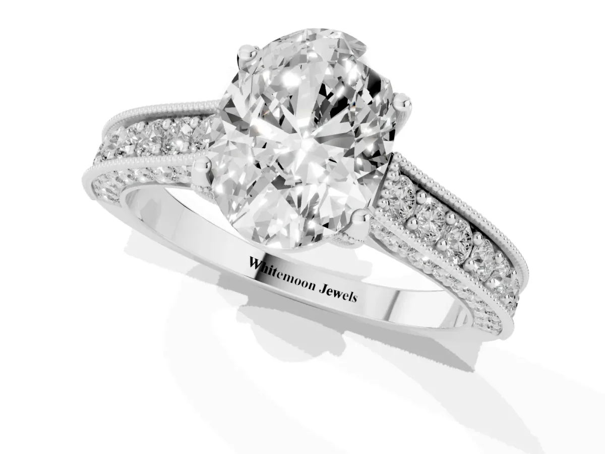 Oval Cut Cut Diamond Solitaire Ring with Milgrain Pave Band and Four Prong Setting Platinum