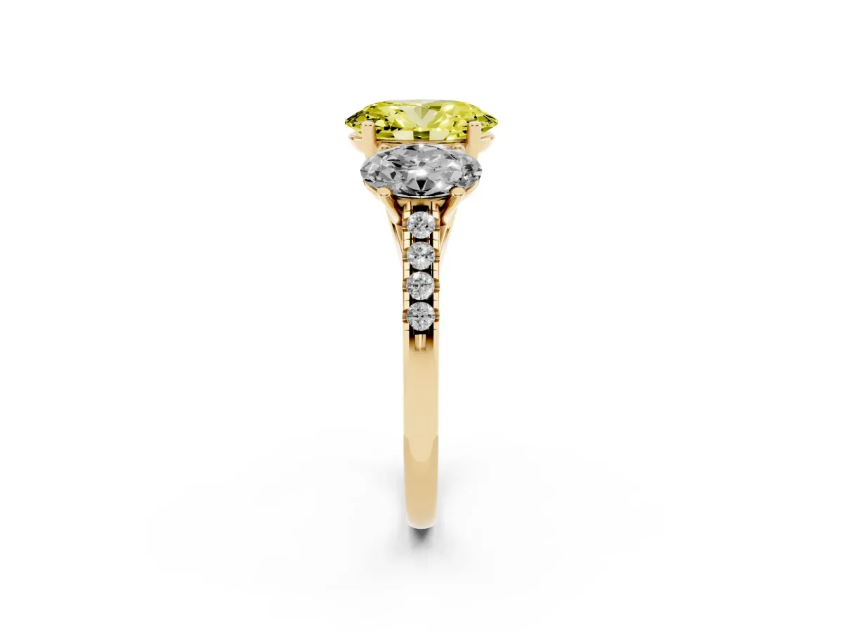 Fancy Yellow Three-Stone Oval Cut Diamond Ring with Round Pavé Band and Prong Setting Yellow gold