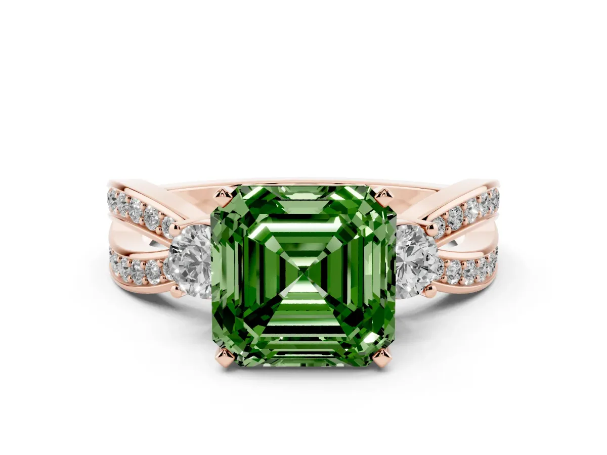 Fancy Green Three-Stone Asscher Cut Cut Diamond Twist Band with Prong Setting Rose gold
