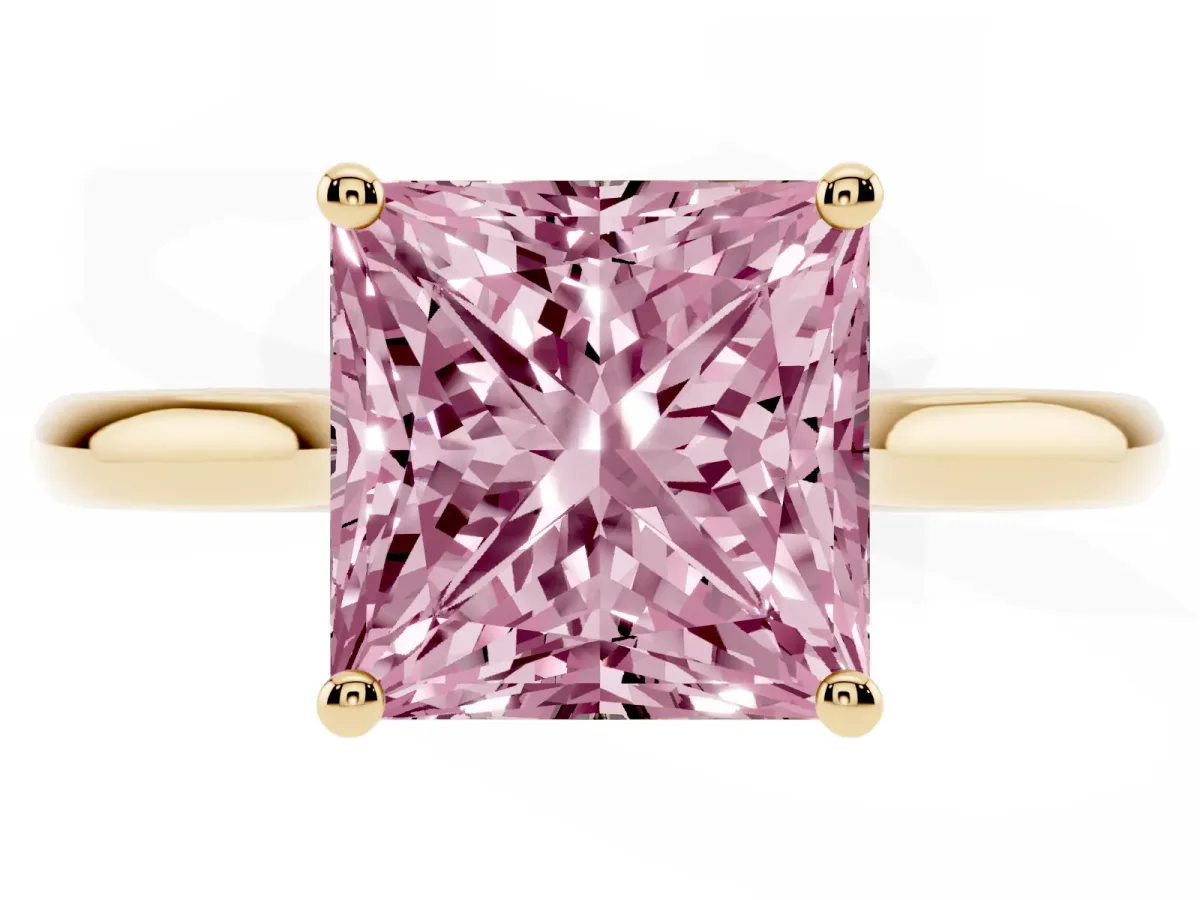 Fancy Pink Princess Cut Cut Solitaire Ring with Cathedral Band and Four-Prong Setting Yellow gold