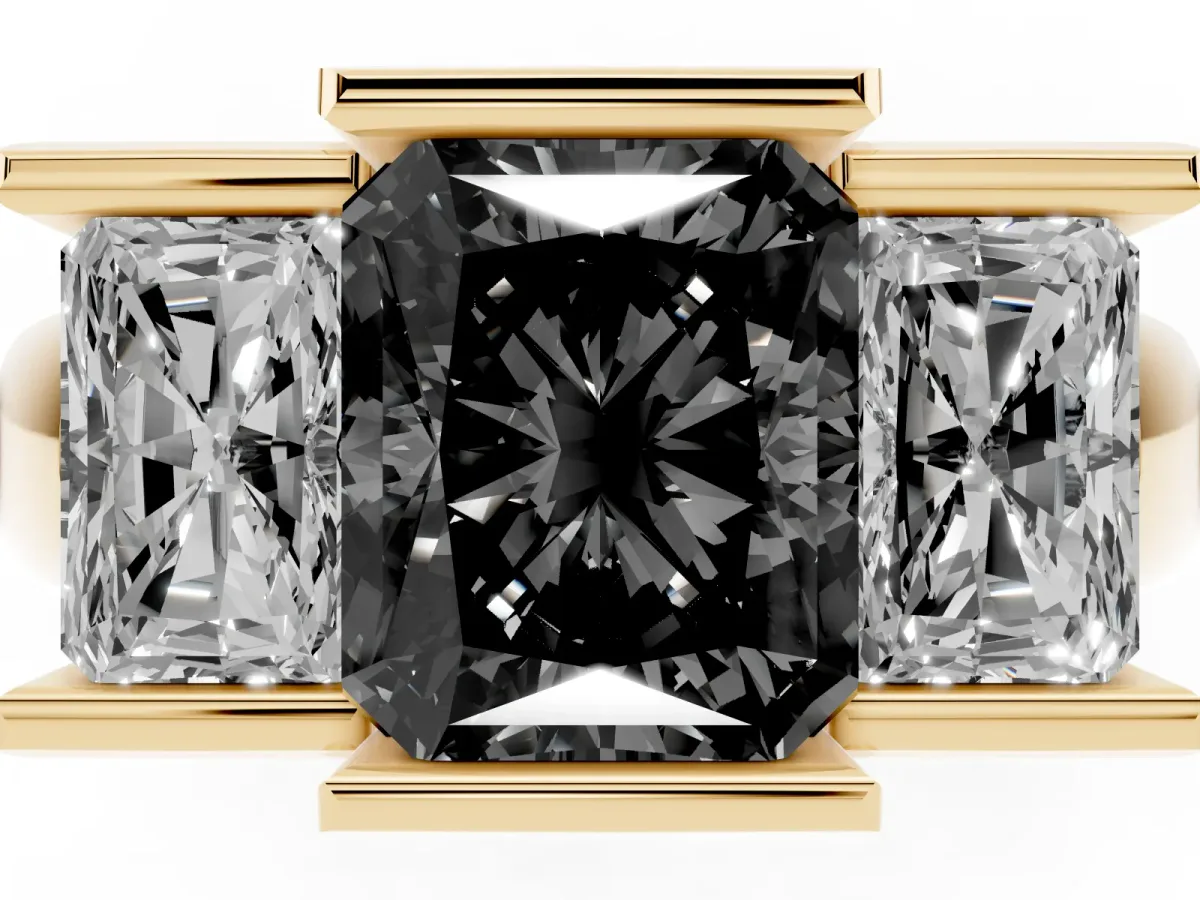 Fancy Black Three Stone Radiant Cut Cut Channel Set Diamond Ring Yellow gold