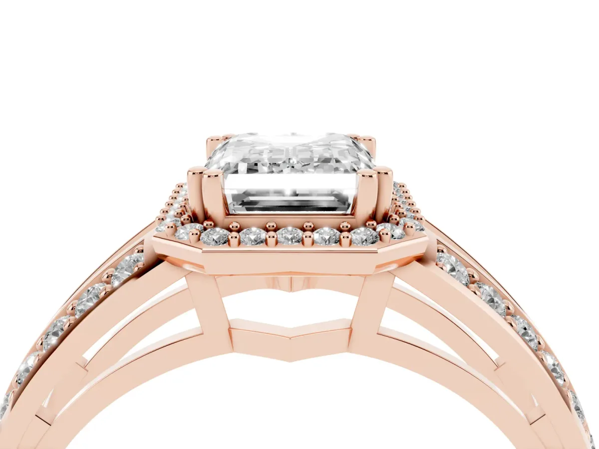 Emerald Cut Diamond Halo Ring with Split Shank Pavé Band and Four-Prong Setting Rose gold