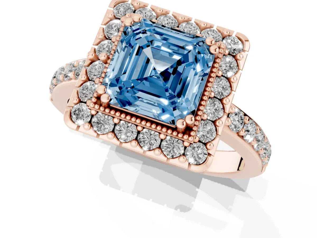 Fancy Blue Asscher Cut Diamond Halo Ring with Pavé Band and Prong Setting Rose gold