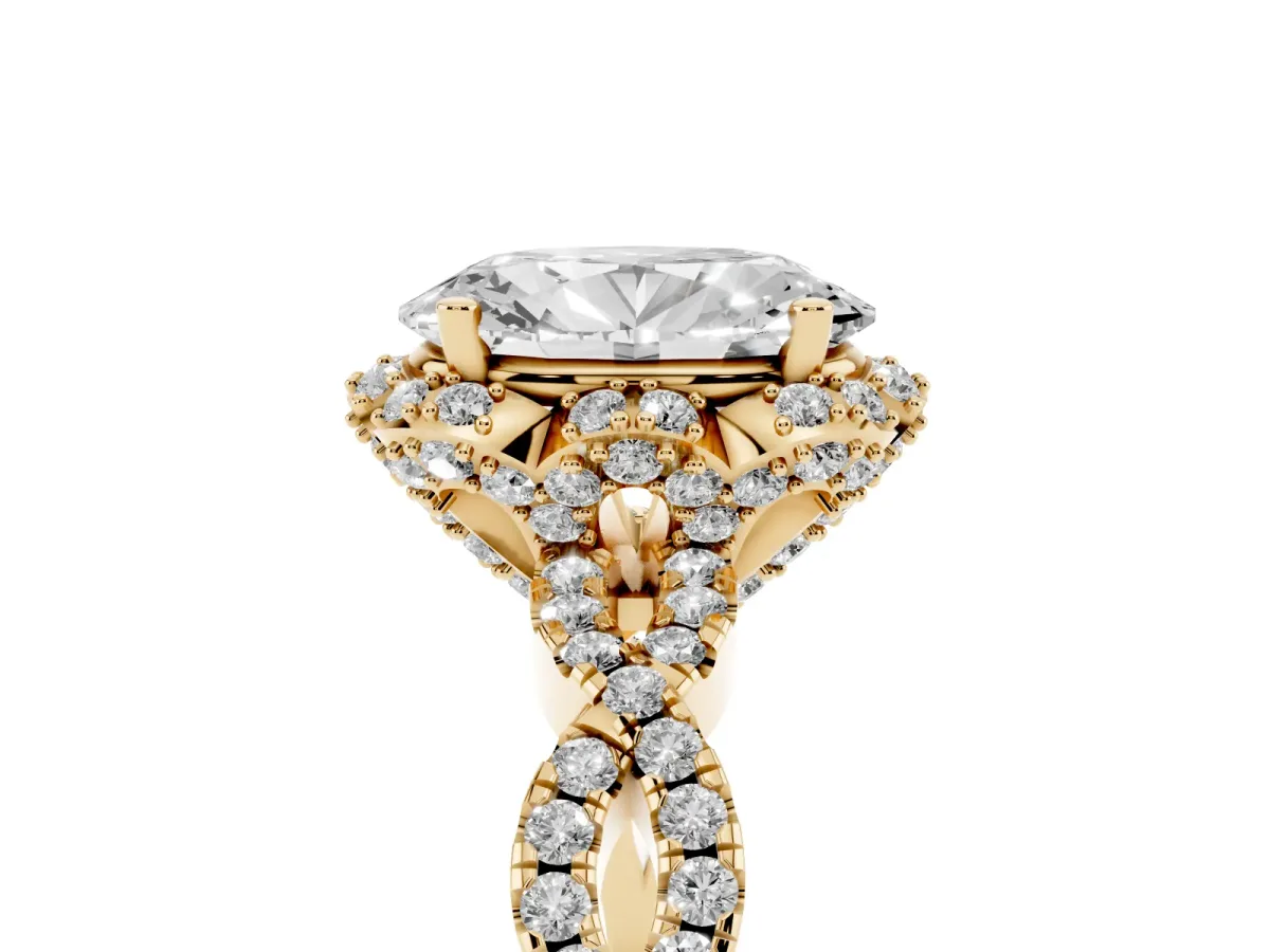 Oval Cut Halo Twist Band Solitaire Ring with Six-Prong Setting Yellow gold