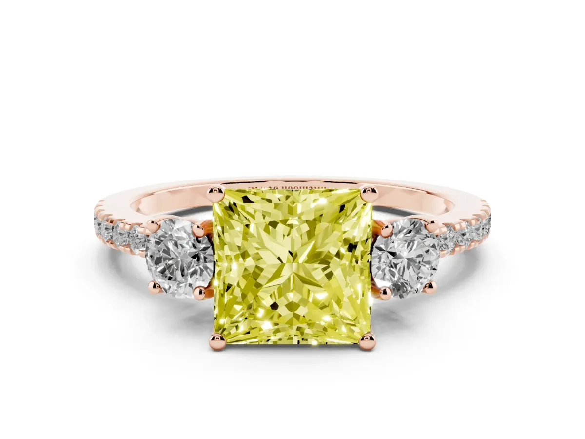 Fancy Yellow Three-Stone Princess Cut Cut Diamond Pavé Band with Prong Setting Rose gold