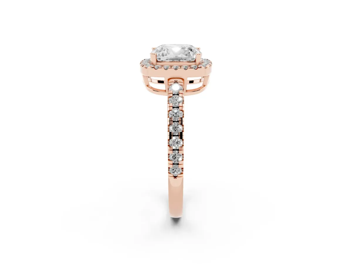 Cushion Cut Diamond Halo Ring with Pavé Band and Four-Prong Setting Rose gold